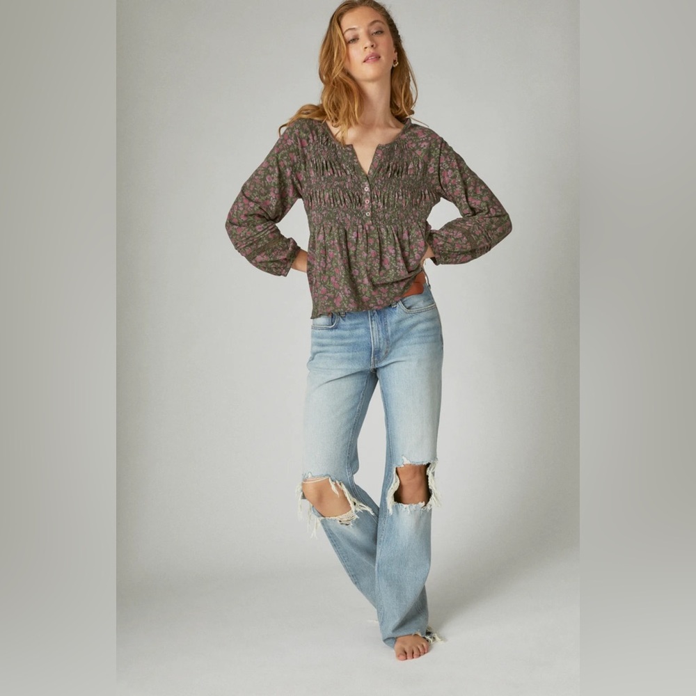 Lucky Brand Textured Smocked Long Sleeve Babydoll Top Floral Women XS Purple